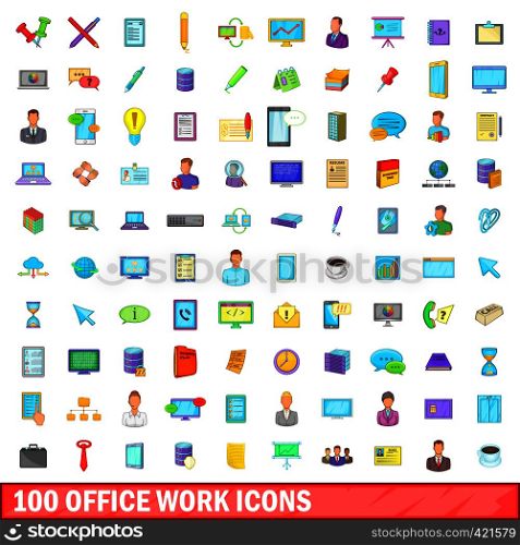 100 office work icons set in cartoon style for any design vector illustration. 100 office work icons set, cartoon style