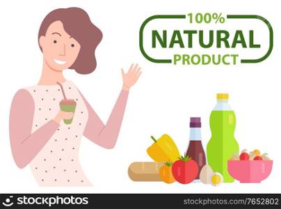 100 one hundred percent natural and organic. Pretty brunette woman with beverage smiling. Vegetables like pepper and tomato. Eggs and bread, organic salad. Vector illustration flat style. 100 One Hundred Percent Natural Product Caption