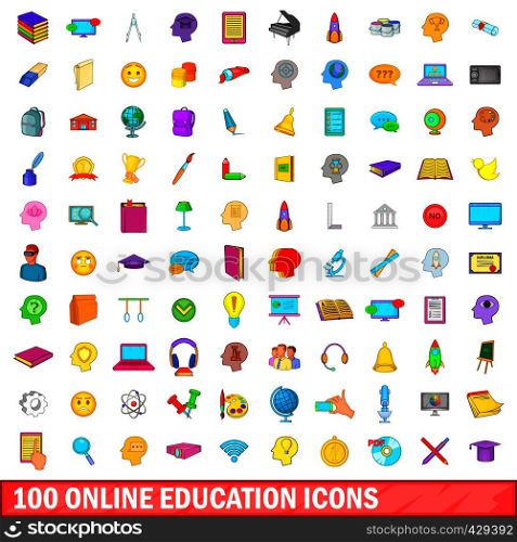 100 online education icons set in cartoon style for any design vector illustration. 100 online education icons set, cartoon style