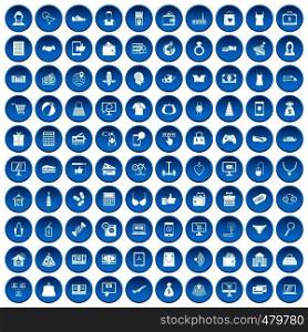 100 online shopping icons set in blue circle isolated on white vector illustration. 100 online shopping icons set blue