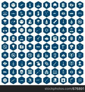 100 oppression icons set in sapphirine hexagon isolated vector illustration. 100 oppression icons sapphirine violet