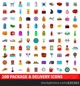 100 package and delivery icons set in cartoon style for any design vector illustration. 100 package and delivery icons set, cartoon style