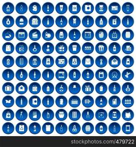 100 packaging icons set in blue circle isolated on white vector illustration. 100 packaging icons set blue