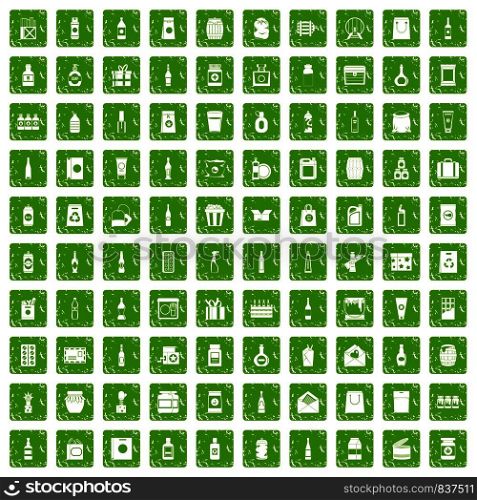 100 packaging icons set in grunge style green color isolated on white background vector illustration. 100 packaging icons set grunge green