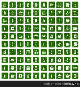 100 packaging icons set in grunge style green color isolated on white background vector illustration. 100 packaging icons set grunge green