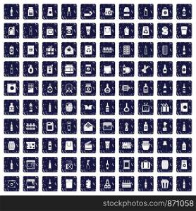100 packaging icons set in grunge style sapphire color isolated on white background vector illustration. 100 packaging icons set grunge sapphire