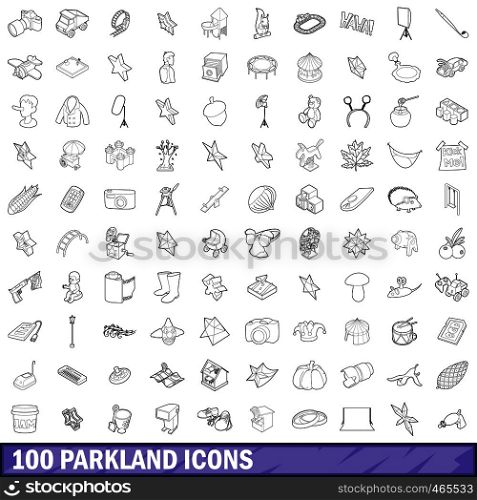 100 parkland icons set in outline style for any design vector illustration. 100 parkland icons set, outline style