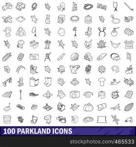 100 parkland icons set in outline style for any design vector illustration. 100 parkland icons set, outline style