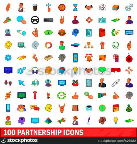 100 partnership icons set in cartoon style for any design vector illustration. 100 partnership icons set, cartoon style