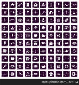100 patisserie icons set in grunge style purple color isolated on white background vector illustration. 100 patisserie icons set grunge purple