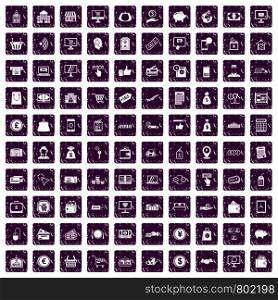 100 payment icons set in grunge style purple color isolated on white background vector illustration. 100 payment icons set grunge purple