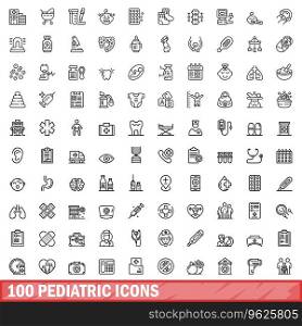 100 pediatric icons set. Outline illustration of 100 pediatric icons vector set isolated on white background. 100 pediatric icons set, outline style