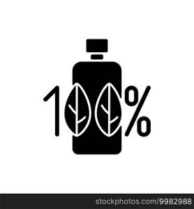 100 percent natural black glyph icon. Creation of cosmetics without harmful chemical additives. Ecology movement. Professional skincare. Silhouette symbol on white space. Vector isolated illustration. 100 percent natural black glyph icon