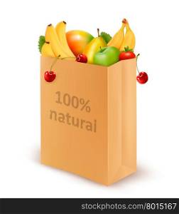100 percent natural on a paper bag full of fresh fruits. Concept of diet. Vector