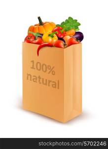 100 percent natural on a paper bag full of fresh vegetables. Concept of diet. Vector