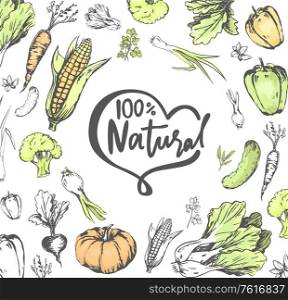 100 percent natural vector, pumpkin and onion, carrot and corn, bell pepper and onion, broccoli and greenery, fresh meal and food harvested and gathered. 100 Percent Natural Meal, Veggies Vegetables Set
