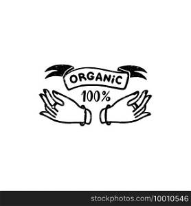 100 percent organic vector logo - a vintage handmade badge with hands and ribbon in st&style. Vintage vector illustration. 100 percent organic vector logo - a vintage handmade badge with hands and ribbon in st&style. Vintage vector illustration.