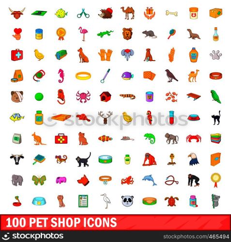 100 pet shop icons set in cartoon style for any design illustration. 100 pet shop icons set, cartoon style
