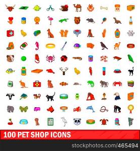 100 pet shop icons set in cartoon style for any design illustration. 100 pet shop icons set, cartoon style
