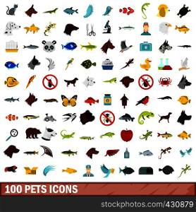 100 pets icons set in flat style for any design vector illustration. 100 pets icons set, flat style