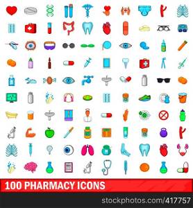 100 pharmacy icons set in cartoon style for any design vector illustration. 100 pharmacy icons set, cartoon style