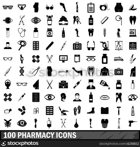 100 pharmacy icons set in simple style for any design vector illustration. 100 pharmacy icons set, simple style