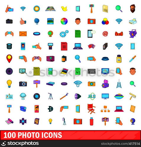 100 photo icons set in cartoon style for any design vector illustration. 100 photo icons set, cartoon style