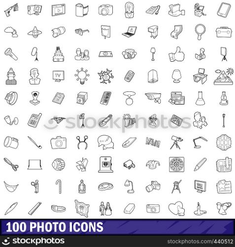 100 photo icons set in outline style for any design vector illustration. 100 photo icons set, outline style