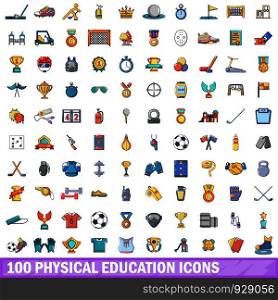 100 physical education icons set. Cartoon illustration of 100 physical education vector icons isolated on white background. 100 physical education icons set, cartoon style
