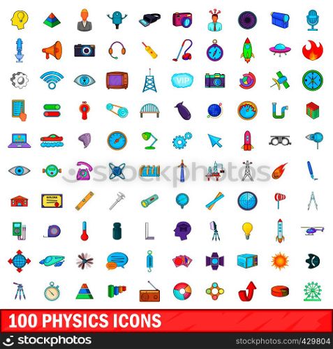 100 physics icons set in cartoon style for any design vector illustration. 100 physics icons set, cartoon style