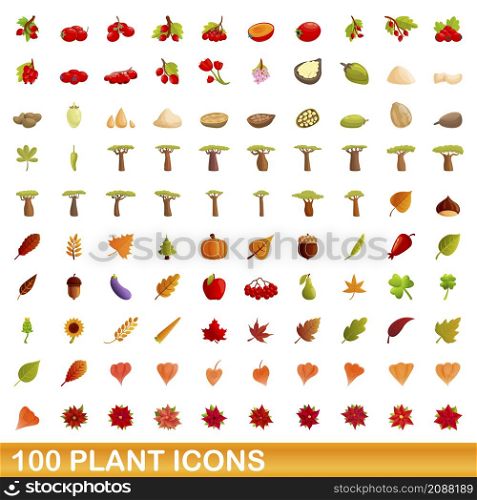 100 plant icons set. Cartoon illustration of 100 plant icons vector set isolated on white background. 100 plant icons set, cartoon style