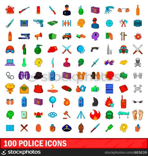 100 police icons set in cartoon style for any design illustration. 100 police icons set, cartoon style