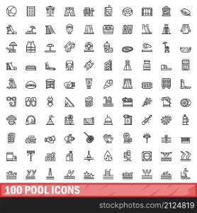 100 pool icons set. Outline illustration of 100 pool icons vector set isolated on white background. 100 pool icons set, outline style