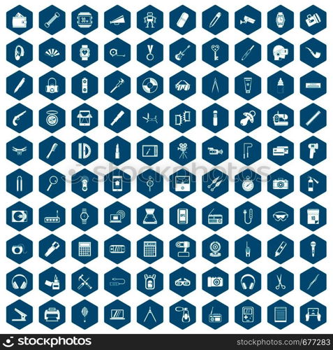 100 portable icons set in sapphirine hexagon isolated vector illustration. 100 portable icons sapphirine violet