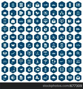 100 post and mail icons set in sapphirine hexagon isolated vector illustration. 100 post and mail icons sapphirine violet