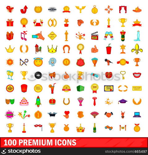 100 premium icons set in cartoon style for any design illustration. 100 premium icons set, cartoon style