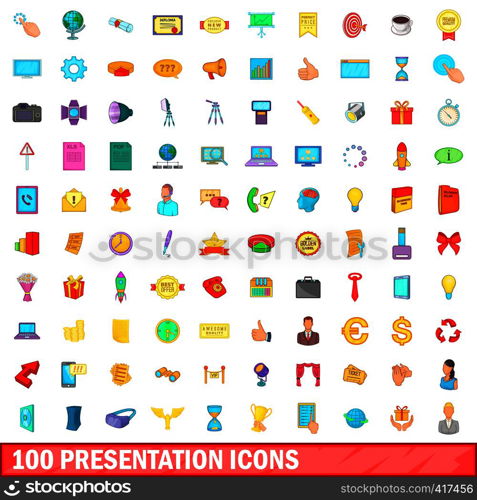 100 presentation icons set in cartoon style for any design vector illustration. 100 presentation icons set, cartoon style