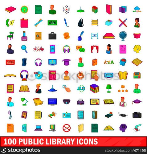100 public library icons set in cartoon style for any design illustration. 100 public library icons set, cartoon style