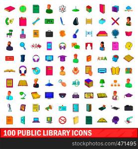 100 public library icons set in cartoon style for any design illustration. 100 public library icons set, cartoon style