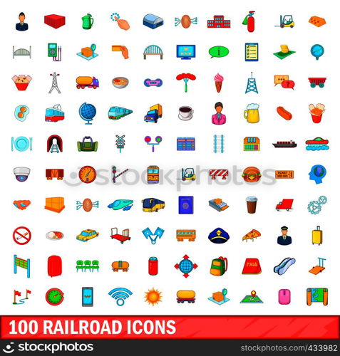 100 railroad icons set in cartoon style for any design vector illustration. 100 railroad icons set, cartoon style