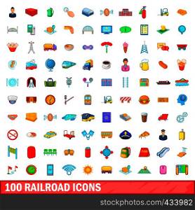 100 railroad icons set in cartoon style for any design vector illustration. 100 railroad icons set, cartoon style