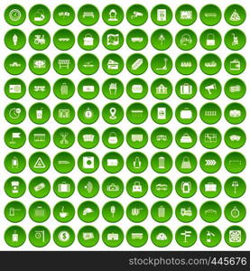 100 railway icons set green circle isolated on white background vector illustration. 100 railway icons set green circle