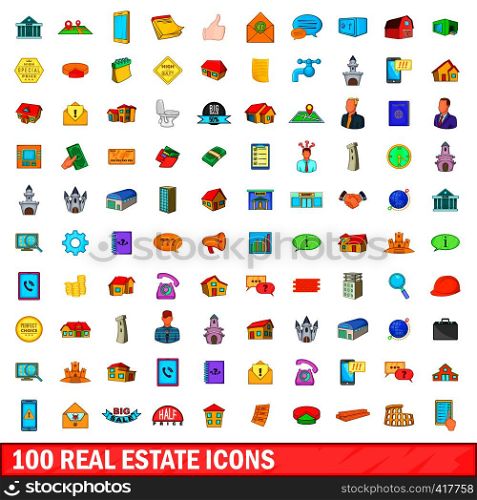 100 real estate icons set in cartoon style for any design vector illustration. 100 real estate icons set, cartoon style