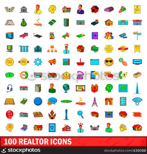 100 realtor icons set in cartoon style for any design vector illustration. 100 realtor icons set, cartoon style