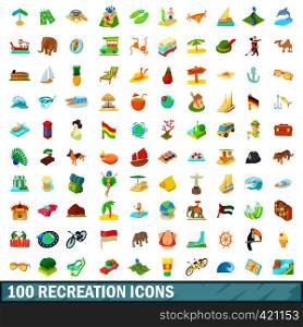 100 recreation icons set in cartoon style for any design vector illustration. 100 recreation icons set, cartoon style