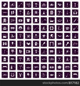 100 recreation icons set in grunge style purple color isolated on white background vector illustration. 100 recreation icons set grunge purple