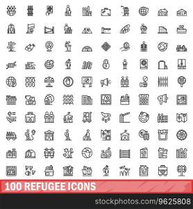 100 refugee icons set. Outline illustration of 100 refugee icons vector set isolated on white background. 100 refugee icons set, outline style