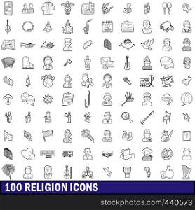 100 religion icons set in outline style for any design vector illustration. 100 religion icons set, outline style