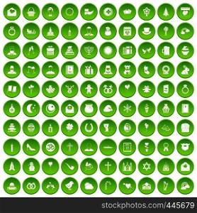 100 religious festival icons set green circle isolated on white background vector illustration. 100 religious festival icons set green circle