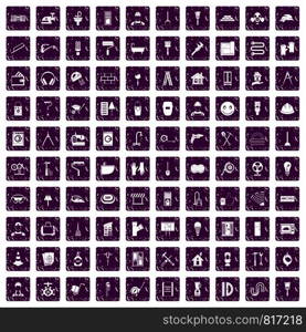 100 renovation icons set in grunge style purple color isolated on white background vector illustration. 100 renovation icons set grunge purple